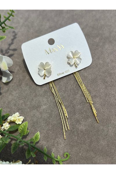 VİYA Gold Flower and Pearl Detailed Dangle Steel Earrings
