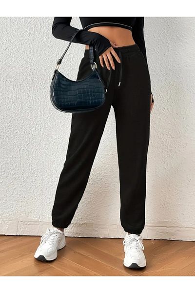 Trendusfashion Pantaloni de sport negri, cu talie înaltă, cu 2 fire, pentru femei