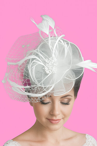 Bittox Vintage Tarz Beyaz Gelin Şapkası- Tüllü ve Tüylü Özel Model- Nikah ve ...