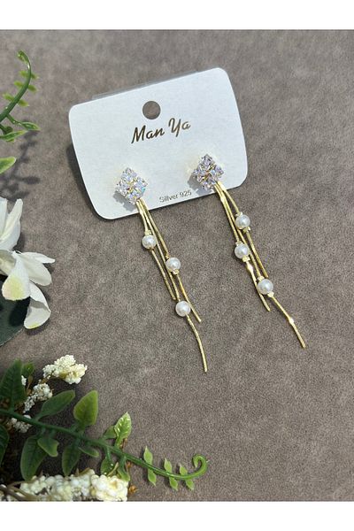 VİYA Gold Flower and Pearl Detailed Dangle Steel Earrings