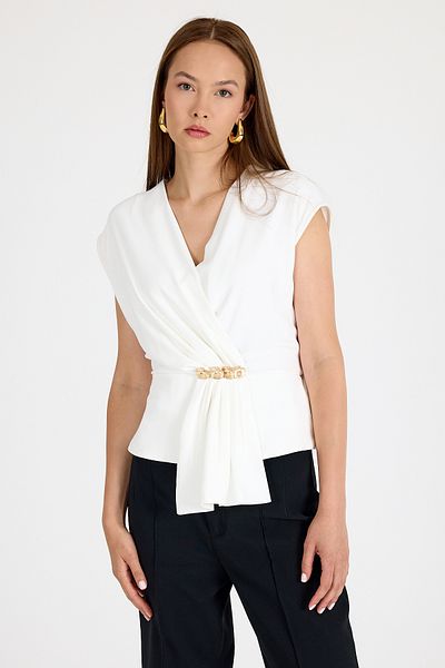 Rays Ecru Accessory Detailed V-Neck Drape Blouse 251178