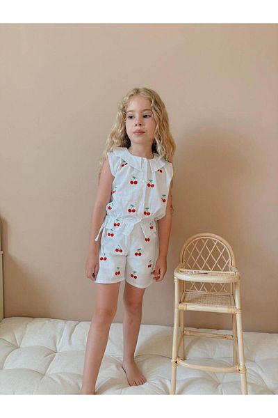 YİGİT BUTİK Yigit Boutique Cherry Embroidered Linen Fabric Girl's Suit