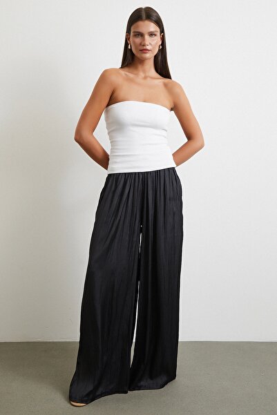 Never more Elastic Waist Wide Leg Drawstring Trousers Black