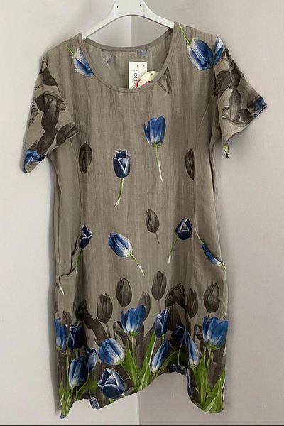 AYASOFYA OTANTIK Women's Italian Mink Tulip Pattern Short Sleeve Cotton Midi Dress with Bag Pocket