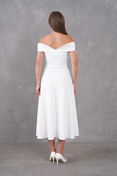 Secret Passion Lingerie Λευκό ελαστικό ύφασμα κατάδυσης στράπλες γιακάς Σχέδιο Flared Cut Midi βραδινό φόρεμα 77128