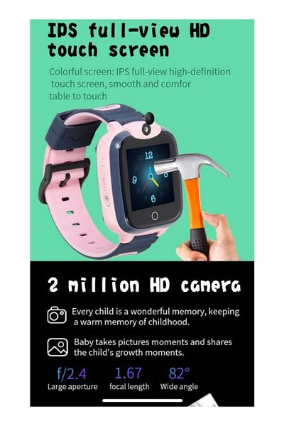 Nabi 4G GPS Waterproof Sim Card Kids Smart Watch With Camera HD Call Pink
