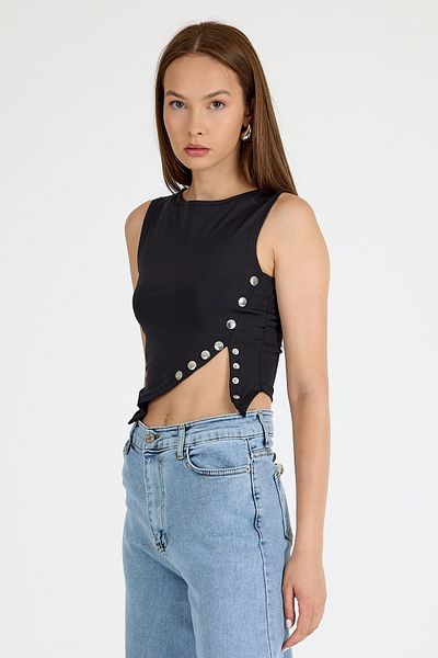Rays Black Snap Detailed Asymmetric Cut Sleeveless Blouse 2494