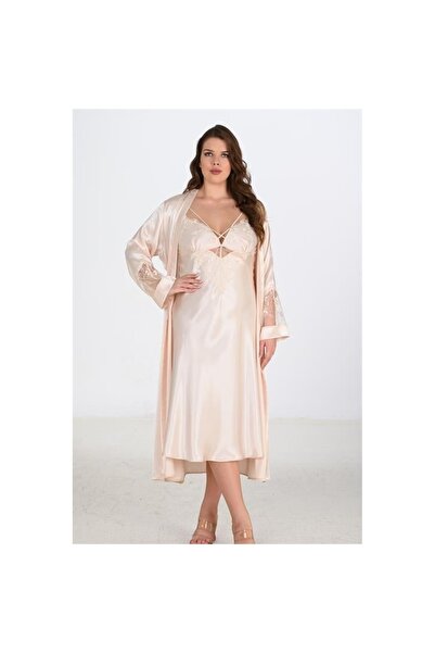 MİRALİVE Marsilyan- 2-Piece Ivory Dressing Gown Set Bigsize 6222