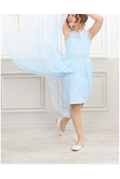 ÖZNUR GİYİM Belden Tüllü Zarif Kız Cocuk Mavi Mezuniyet Düğün Abiye Elbisesi