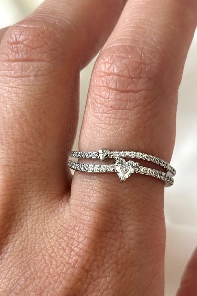 Leo'Stone Imported Series Double Full Zircon Stone Heart Design Half Lap Adjustable Women's Steel Ring