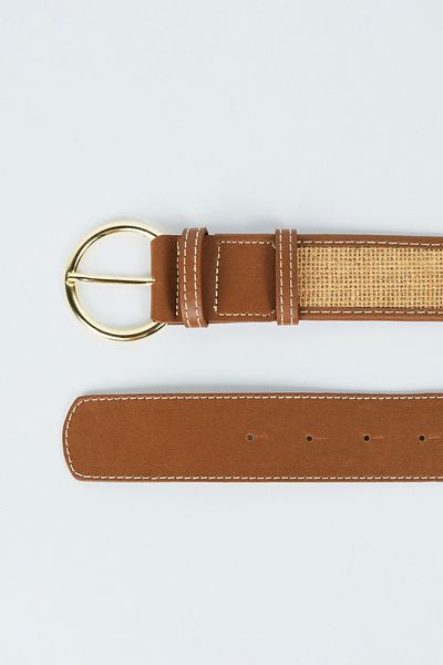 BE BLUE Brown Stitched Belt with Straw Detail