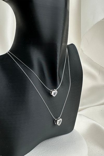 Modex Silver Color Invisible Fishing Line Stone Double Heart Ghost Necklace