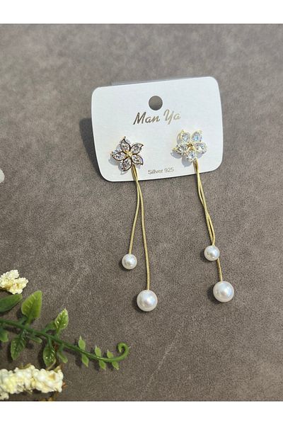 VİYA Gold Flower and Pearl Detailed Dangle Steel Earrings