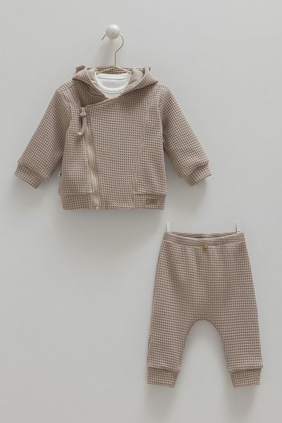 Caramell 3-Piece Baby Set – Hooded Zippered Top, T-Shirt and Pants Waffle Fabric (3-18 Months)