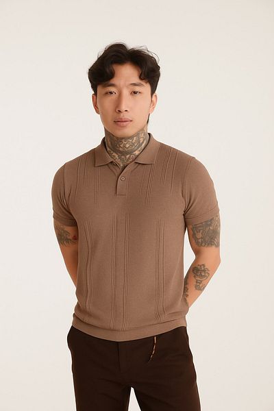 The Champ Clothing Ανδρικό πλεκτό μπλουζάκι με γιακά πόλο καφέ – κοντομάνικο, καλοκαιρινό μοντέρνο μοντέλο πλεκτό με λεπτή εφαρμογή