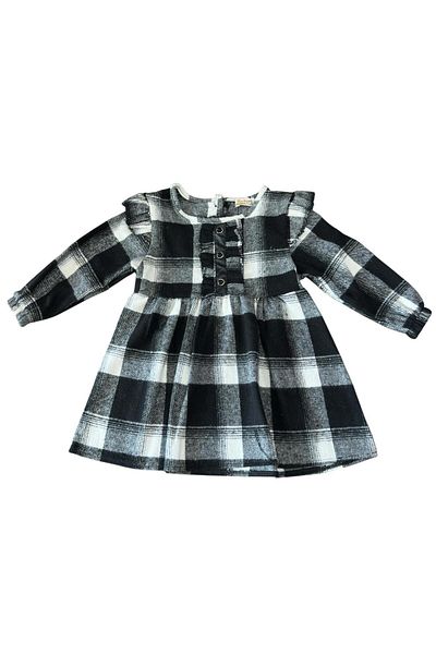Kamex Plaid Snow Pattern Lumberjack Ruffled Long Sleeve Leather Button Detailed Girl's Dress