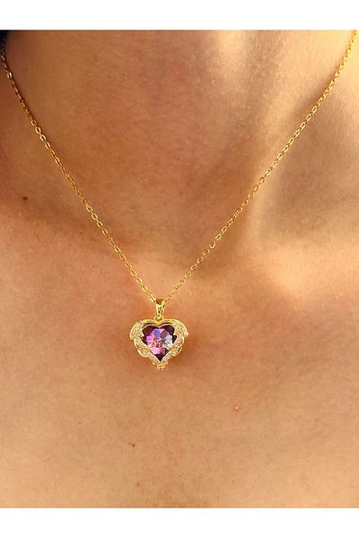 Gönülden Tasarım Pink Crystal Stone Heart Steel Women's Necklace 24 cm