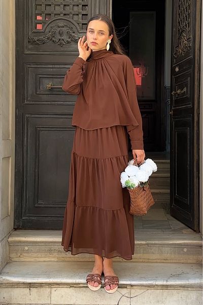 Birgül Bektaş Brown Tie Detail Chiffon Skirt Set