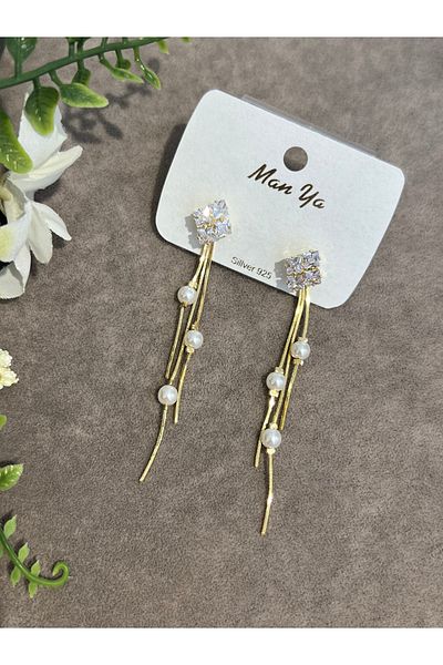 VİYA Gold Flower and Pearl Detailed Dangle Steel Earrings