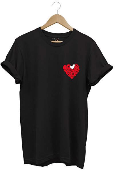 WİDİ Love Yourself Heart Tipografie Imprimată 100% bumbac Tricou unisex cu cr...