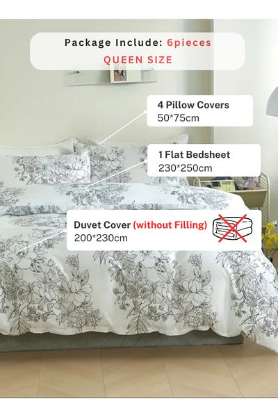LUNA HOME Queen size 6 piece floral bedding set in black and white vintage style 200x230cm.