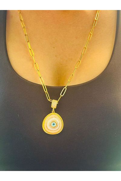 Gönülden Tasarım Zircon Stone Engraved Evil Eye Bead Eye Steel Necklace 32 cm