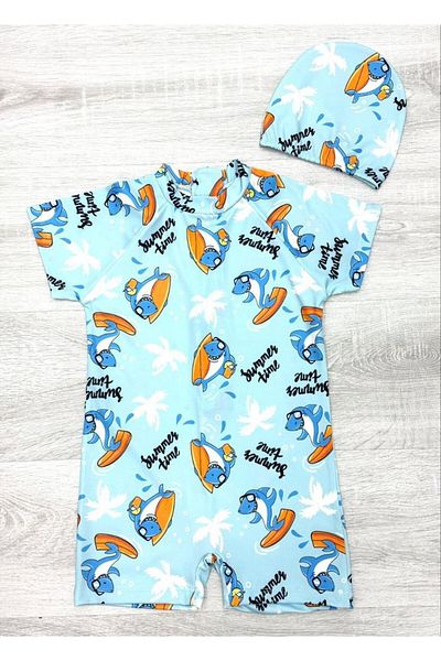 YUMİYUMM Boy's Fish Patterned Checkered Jumpsuit Swimsuit