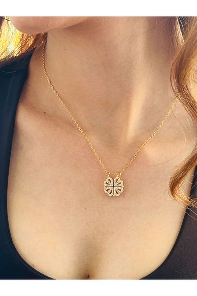 Gönülden Tasarım Zircon Stone Openable Closeable Women's Necklace with Clover End 24 cm