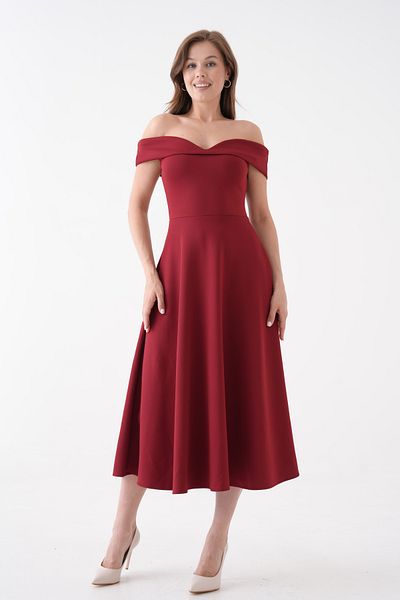 lovebox Burgundy Stretchy Scuba Fabric Strapless Neckline Flared Cut Midi Dress 77128