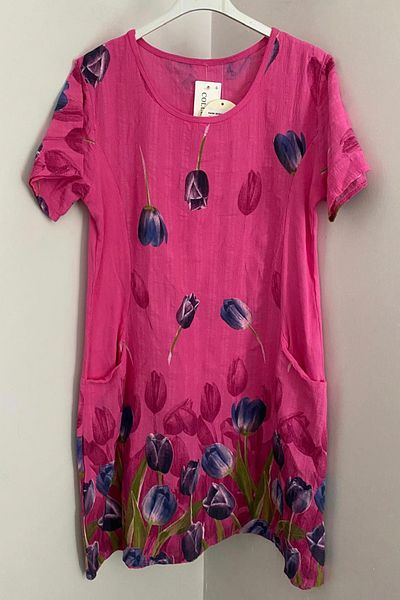 AYASOFYA OTANTIK Women's Italian Fuchsia Tulip Pattern Short Sleeve Cotton Midi Dress with Bag Pocket