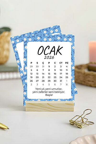 Anime Marketi Çiçek Desenleri 2026 Yılı Ahşap Standlı Masa Takvimi