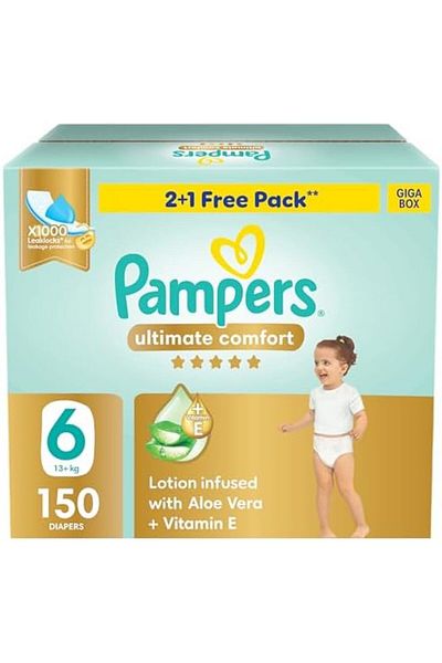 Pampers Ultimate Comfort Taped Diapers, Size 6, 13+kg, Lotion infused with Aloe Vera and Vitamin E,