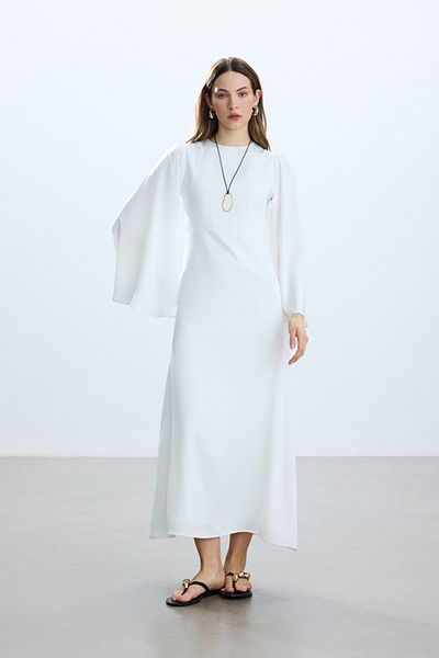 BE BLUE Ekru Sleeved Romantic Satin Dress with Flange