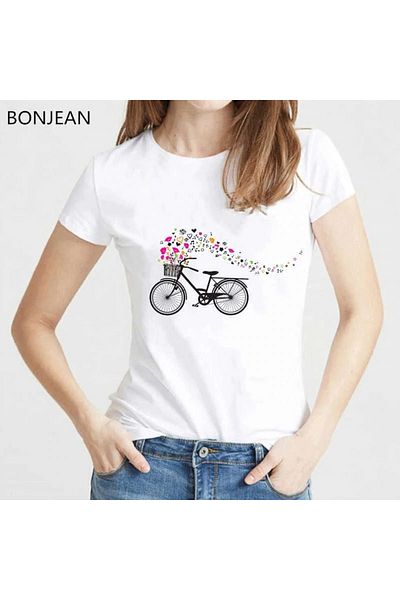 LUNAVISTA Short-Sleeved Round Neck T-Shirt with a Bicycle and a Simple Print