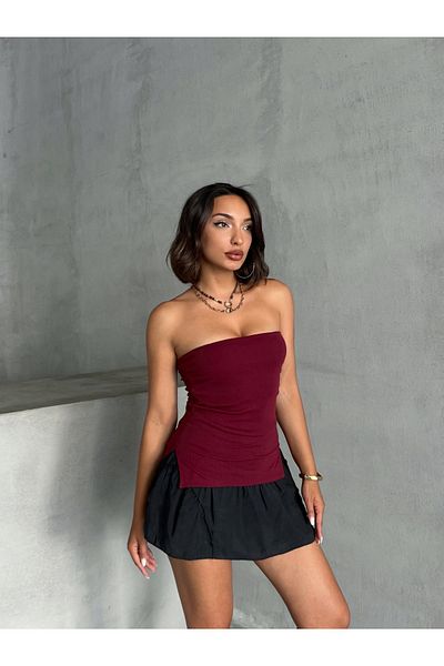 MELA ROSSA Women's Burgundy Strapless Side Slit Gathered Detail Polyester Elasthane Camisole Blouse