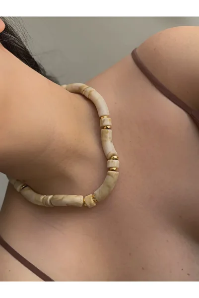 Owentis Beige Marble Pattern Long Asymmetric Bead Datça Necklace