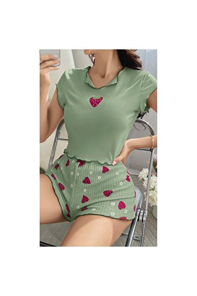Narnuga Marsilyan- Green Strawberry Patterned Suspender Shorts Pajama Set