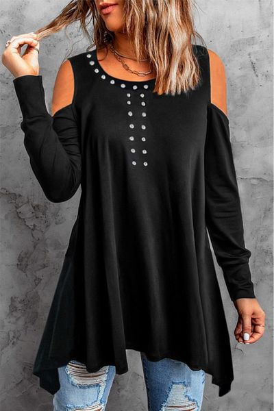 Trendusfashion Women's Black Shoulder Low-Cut Stone Detailed Long Sleeve Tunic