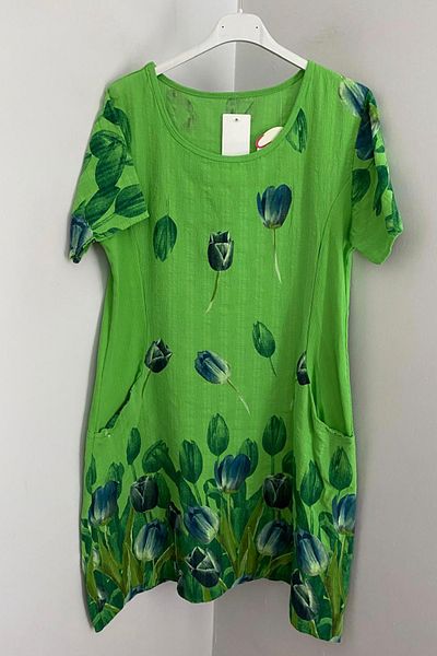 AYASOFYA OTANTIK Women's Italian Green Tulip Pattern Short Sleeve Cotton Midi Dress with Bag Pocket