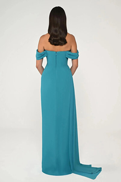 ALFABETA Women's Off-Shoulder Slit Detail Turquoise Evening Dress & Homecoming Dress Ab6772-Turquoise
