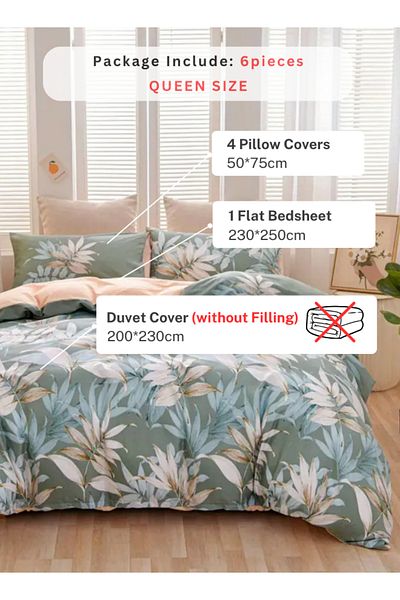 LUNA HOME Queen size 6 piece bedding set with green leaf pattern, very soft quality 200x230cm.