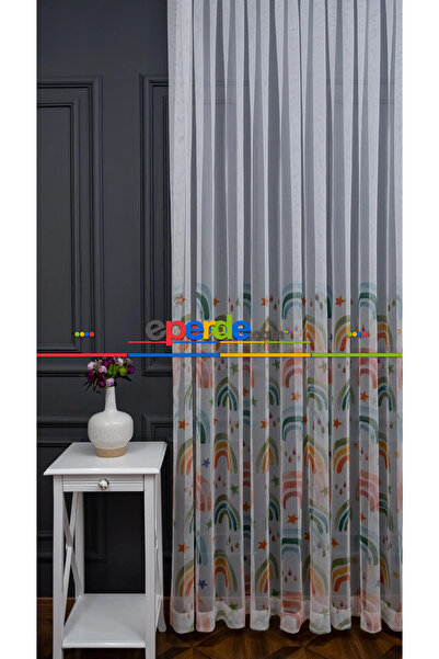 eperde Hazır Ölçülü Petek Zemin Renkli Desenli Grek Baskılı Tül Perde - Sık Pile