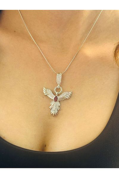 Gönülden Tasarım Zircon Stone Engraved Steel Anka Bird Women's Necklace 24 cm