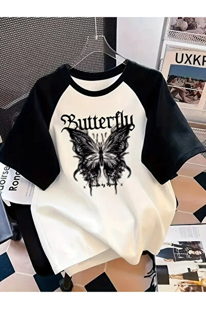 npLStore Tricou unisex cu mâneci raglan supradimensionate cu imprimeu fluture