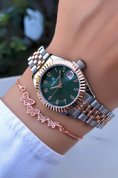 Daniel Klein Women's Wristwatch Small Case Green Dial Rose Silver Steel Band Bracelet Gift