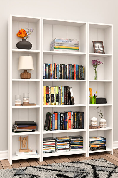 Remaks 15 RAFLI Kitaplık Kütüphane Hareketli Raflı Dekoratif Kitaplık-BEYAZ
