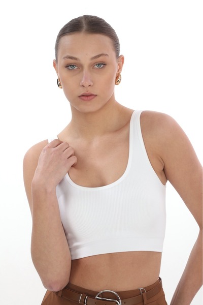 NOLYA MODA Women's White Ribbed Textured Basic Sports Crop Tank Top