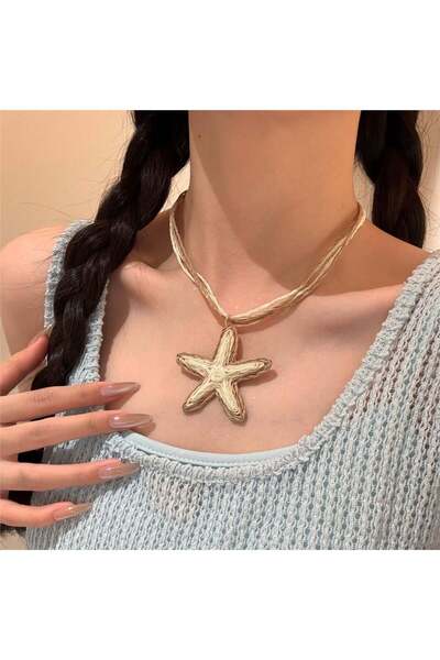 Pelin Aksesuar Bej Krem Deniz Yıldızlı Hasır Kolye Küpe Seti