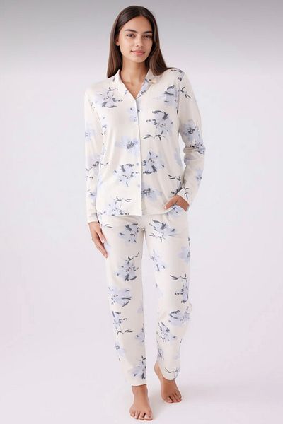Pierre Cardin Women's Shirt Collar Long Sleeve Patterned Pajama Set