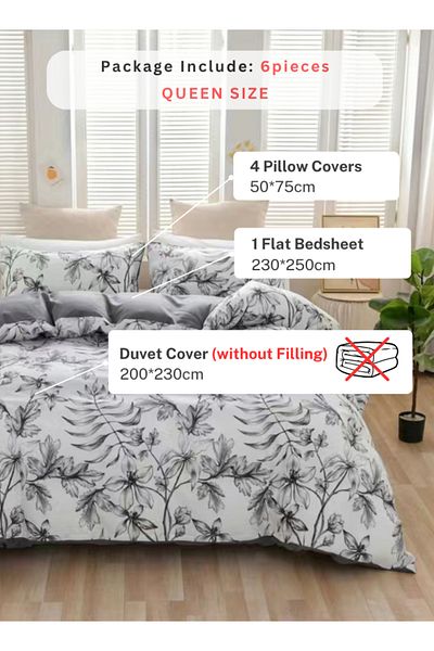 LUNA HOME Queen size 6 piece bedding set with gray leaf pattern, very soft quality 200x230cm.